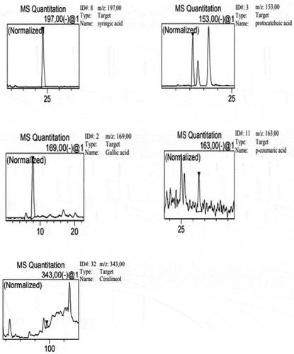 Figure 2. HPLC profiles of the obtained compounds. Five phenolic compounds were identified in radish aqueous extract.