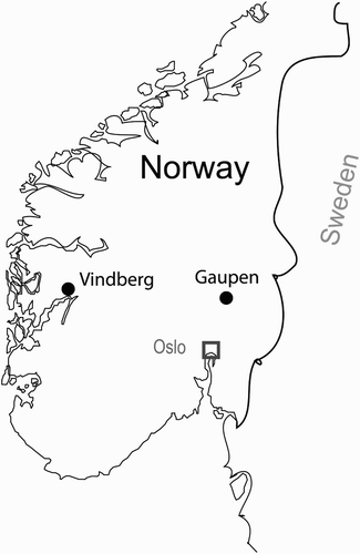 Figure 1. Map of the experimental sites Gaupen and Vindberg in SE and W Norway.