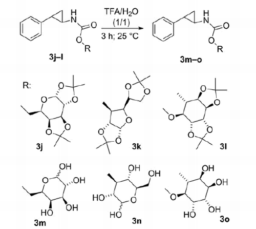 Scheme 2. Deprotection of O-glycosyl carbamate derivatives 3j–l; the survey of individual carbamates 3j–o.