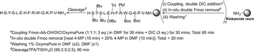 Figure 8. SPPS of Afamelanotide, double DIC addition was performed (3 eq. for 30 min + 3 eq. for 30 min = 1 h), followed by in situ double Fmoc removal (in-situ neat 4-MP, 10 min + 20% 4-MP in DMF, 10 min).