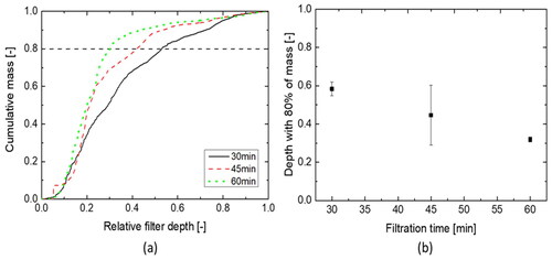 Figure 9. Cumulative mass distribution inside the filter material (a); dm,80 as function of the relative filtration time (b), error bars are ±1 mean deviation of the triplicate measurements.