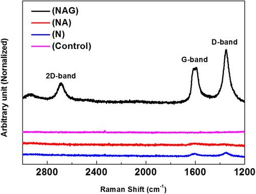 Figure 2 Raman spectrum of the graphene oxide layer generated on the titanium surface confirming that the deposited carbon film was composed of graphene oxide.