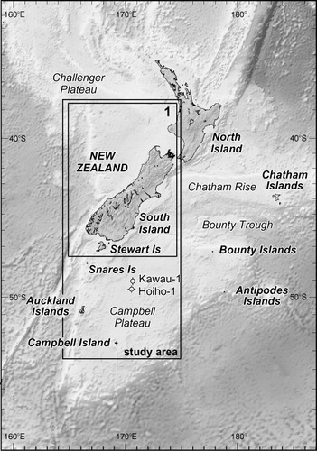 Figure 1 The Zealandia continent, comprising New Zealand and its offshore plateaux with the study area indicated. (Inset 1) Area of detail in Fig. 2.