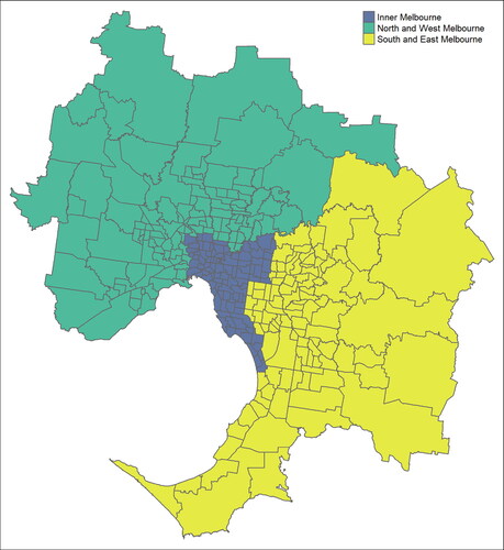 Figure 2. Map of Greater Melbourne region with black borders depicting SA2 boundaries and the colored regions depicting the three sub-regions of Inner Melbourne, North and West Melbourne, and South and East Melbourne.