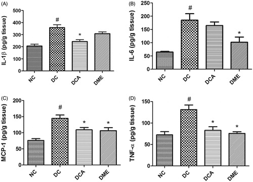 Figure 3. (A–D) Effects of CA on pro-inflammatory biomarkers in liver in type 2 diabetic rats. NC: normal control; DC: diabetic control; DCA: diabetic rats treated with C. asiatica (L.) Urb. extracts; DME: diabetic rats treated with metformin; IL-1β: interleukin-1beta; IL-6: interleukin-6; MCP-1: monocyte chemoattractant protein-1; TNF-α: tumour necrosis factor alpha. Data are presented as mean ± standard deviation; n = 6. Symbols # and *on bars indicate value differs significantly (p < 0.05) from NC group and DC group, respectively, using Tukey’s multiple comparison or unpaired Student’s t test.