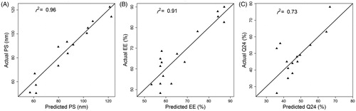 Figure 2. Plot of actual versus ANN model predicted KP-SLN PS (A), EE (B), and Q24 (C). Pearson’s correlation coefficient (r2) is shown.