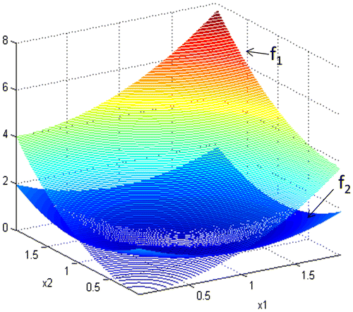 Figure 4. Test problem #1a: shape of the f1 and f2 functions in the domain.