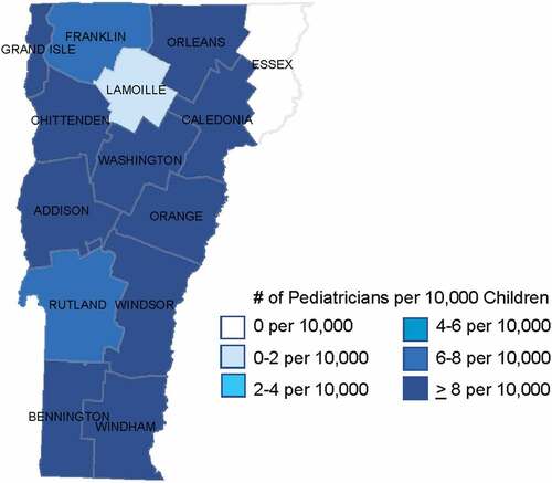 Figure 2. General pediatricians by county in Vermont. Figure adapted from American Board of Pediatrics, US Map of General Pediatricians by CountyCitation24.