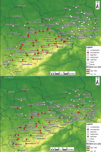 Figure 8. Extent and classification of the flood events in 2002 (top) and 2013 (bottom) in the upstream tributaries of the Elbe River in Saxony, Germany.