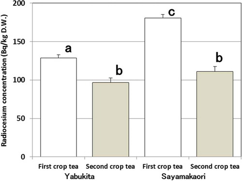 Figure 4 Radiocesium concentrations in the first and second tea crops on the tea plants (Camellia sinensis L. var. sinensis), in Saitama Prefecture in 2012. Vertical bars indicate ± standard error (SE), and any bars followed by the same letter are not significantly different according to the Tukey–Kramer test (P < 0.05). DW: dry weight.
