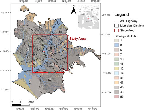 Figure 1. Lithological units in the Municipality of Rome with the municipal districts, the study area, and the A90 highway outlined. Key to legend: 1: anthropic deposits; 3: recent and terraced sandy-gravelly alluvial deposits; 6: silty-sandy alluvial deposits, fluvio-lacustrine deposits; 7: travertines; 10: Plio-Pleistocene clayey and silty deposits; 11: marine Pliocene clays; 12: debris and talus slope deposits, conglomerates and cemented breccias; 14: marls, marly limestones and calcarenites; 41: leucitic/trachytic lavas; 43: lithoid tuffs, pomiceous ignimbritic and phreatomagmatic facies; 45: welded tuffs, tufites; 46: pozzolanic sequence; 55: alternance of loose and welded ignimbrites. EPSG:4326.