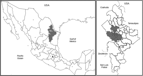 Figure 1. Location of the MMA at the national and state level: shaded in the left panel is the State of Nuevo León and in the right panel all the municipalities that form part of the MMA.