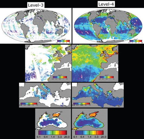 Figure 6. NRT Global, North West Atlantic, Mediterranean, Black Sea regional data distributed by MyOcean Ocean Colour Thematic Assembly Center (OC TAC). L3 daily products (left panels) and corresponding L4 products (right panels). Units are mg/m3.