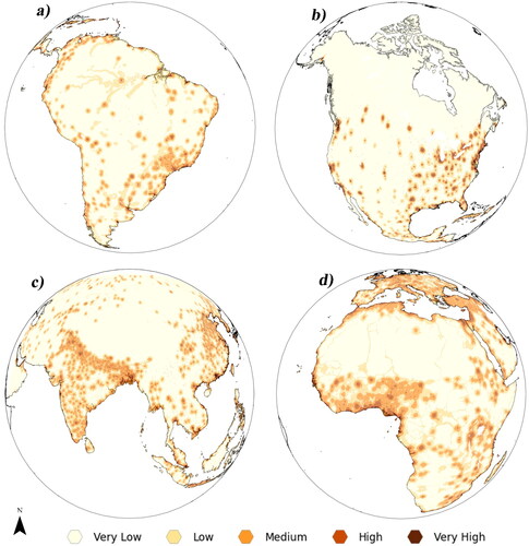 Figure 4. Resulting MCE suitability maps at global level for (a) South America, (b) North America, (c) Asia, and (d) Europe and Africa.