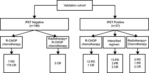 Figure 6. Responses of patients to R-CHOP regimen, intensified regimens and radiotherapy combined with chemotherapy in the validation cohort according to the modified-Deauville model.