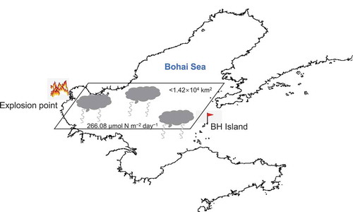 Figure 3. Elevated deposition characteristics of NO3− and the area of influence in the Bohai Sea resulting from Tianjin explosion.