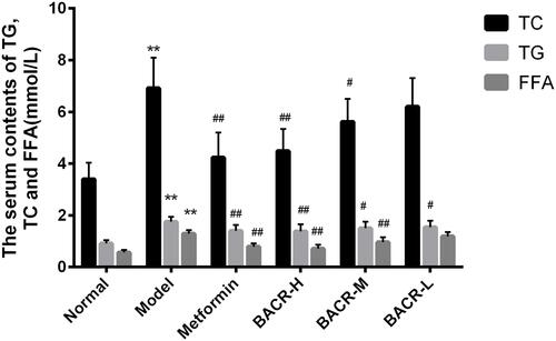 Figure 3 Effect of BACR on the levels of TC, TG and FFA in the serum. Metformin group: 320mg/kg; BACR-H group: 120mg/kg; BACR–M group: 60mg/kg; BACR-Lgroup: 30mg/kg. Data are presented as the mean ± SD (n = 10), **P< 0.01 vs Normal control group. #P < 0.05 or ##P<0.01 vs Model control group.