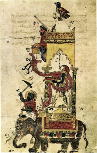 FIGURE 3 Sketch of the elephant water clock by Al-Jazari, from his 1206 work The Book of Knowledge of Ingenious Mechanical Devices. Image accessed through Wikipedia, distributed under a CC-BY 2.0 license.