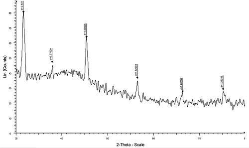 Figure 2. XRD patterns for PCL-PEG-PCL-Col/nHA; the characteristic peaks of hydroxyapatite were detected at 2θ = 32°, 38, 46°, 56°, and 67°.