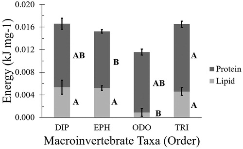 Figure 2. Partitioning of energy available by macronutrient (protein and lipid) per mass (g) of macroinvertebrate taxon (mean ± pooled variance standard error). Different letters indicate significant variation between taxa. DIP: Diptera; EPH: Ephemeroptera; ODO: Odonata; TRI: Trichoptera.
