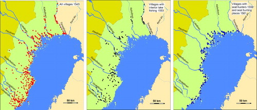 Figure 10. Maps showing villages listed in the 1543 record (left), villages involved in interior lake fishing in 1553 (centre) and the home villages of seal hunters and seal hunting locations in 1559 and 1561 (right). The coastline is set to 10 m above the present sea level corresponding to c. AD 1000.