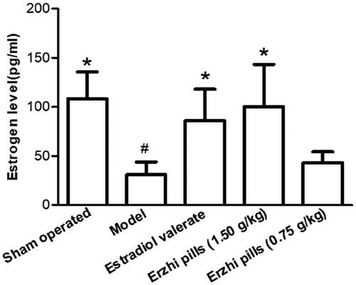 Figure 4. Effect of Erzhi pills on oestrogen level in AD model rats induced by ovariectomy as well as d-galactose and Aβ1–40 injection. #p < 0.05, vs. Sham-operated group; *p < 0.05, vs. model group. Mean ± SD, n = 10.
