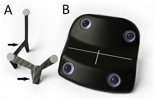 Figure 1. The gating surrogates. Tracking Accessory 3 (A) and the gating block (B) for the Truebeam™ gating system. The two pieces of carbon fibre for tracking Accessory 3 are attached behind the lower left reflector and the arrows indicate the lines used for aligning.