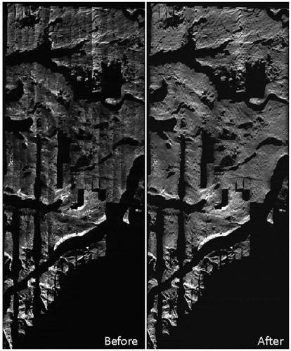 Figure 5. Airborne HyMAP data before and after removal of remaining albedo differences using detrending approach