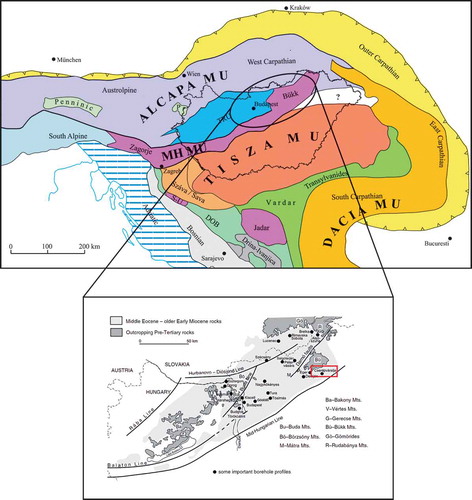 Figure 1. Tectonic and geologic setting of the study area. (a) Major structural units of the Pannonian Basin and the surrounding Alpine and Carpathian orogens (modified after Haas Citation2012). DOB: Dinaridic Ophiolite Belt; MH MU: Mid-Hungarian Mega-unit; TRU: Transdanubian Range Unit; S-U: Sana-Una Unit. (b) Geological sketch map of the Hungarian Palaeogene Basin, showing the location of Cserépváralja-1 (CSV-1) borehole (modified after Nagymarosy Citation1990)