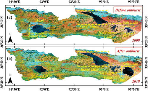 Figure 13. The redistribution of the surface water caused by outburst: a) before the outburst in 2009; b) after the outburst in 2019.