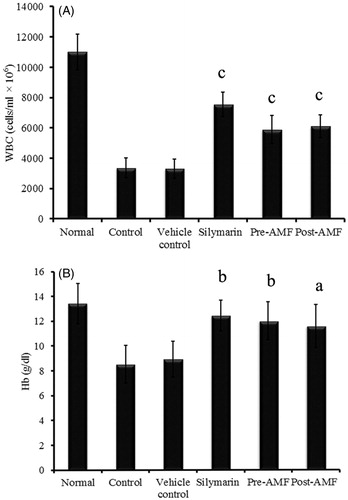 Figure 1. Effect of AMF on total WBC count (A) and haemoglobin level (B) in cisplatin treated mice. The data obtained were represented as mean ± SEM (n = 6) and analysed using one-way ANOVA and group means were compared using the Tukey–Kramer multiple comparison test. The values are statistically different from vehicle control at p < 0.05a, 0.01b and 0.001c and the values > 0.05 are considered to be non-significant.