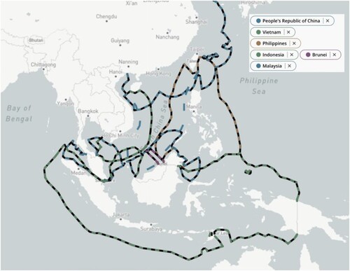 Figure 1. China and Southeast Asian maritime claims in the South China Sea. Source: Asia Maritime Transparency Initiative (AMTI, Citation2023a).
