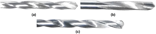 Figure 2 Tested drills a Helical flute (HSS) drill b Carbide tipped straight shank (K20) drill c Solid carbide eight-facet drill