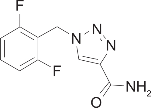 Figure 3 The molecular structure of rufinamide (1-[(2,6-difluorophenyl) methyl]-1 hydro-1,2,3-triazole-4 carboxamide). Rufinamide is a triazole derivative.