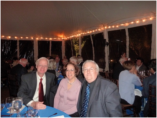 Figure 3. Bill Morgan with Isaf Al-Nabulsi and John D. Boice, Jr at a dinner held at Decatur House on Lafayette Square, half a block from the White House, in conjunction with the First ICRP Symposium on the International System of Radiological Protection. Photo taken in Washington, DC, U.S.A., on 27 October 2011.