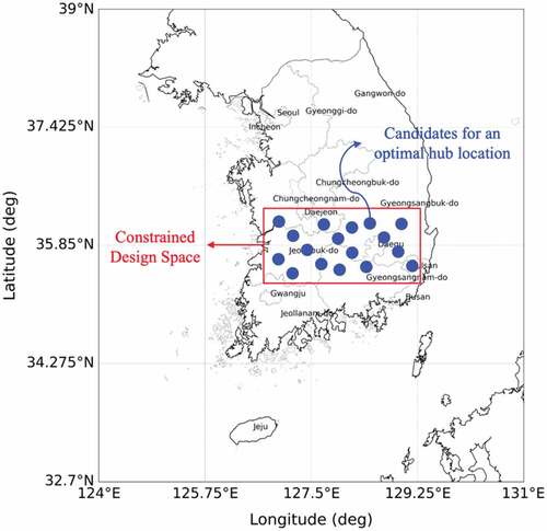 Figure 3. Constrained design space with hub location candidates.