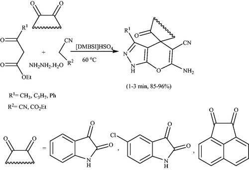 Scheme 84. Application of [DMBSI]HSO4 to the synthesis of spiro-pyrano[2,3-c]pyrazoles.