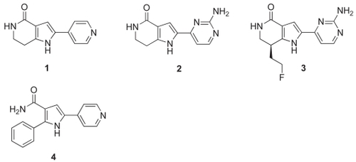 Figure 6 Cdc7 kinase inhibitors reported by Nerviano Medical Sciences. 1, PHA-767491 (IC50 =10 nM), 2, 3-aminopyrimidine analog (IC50 = 7 nM), 3, (S)-2-(2-aminopyrimidiny-4-yl)-7-(2-fluoroethyl)-1,5,6,7-tetrahydropyrrolo[3,2-c]pyridinone (IC50 =2 nM), and 4, the pyrrolopyridinone analog (IC50 = 3 nM).