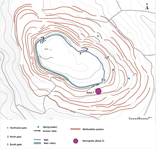 Figure 4. Plan of the oppidum of Monte Bernorio with its multivallate fortification system and location of the excavated area of the necropolis (design by A. Martínez Velasco and Bernorio-IMBEAC Team).