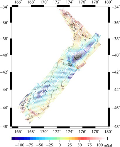 Figure 3. Airborne topography corrected gravity anomaly data (mGal) shown along each flight line coloured by value. Data which has been removed can be seen by the white space along the tracks and amounts to around 7% of the total data set.