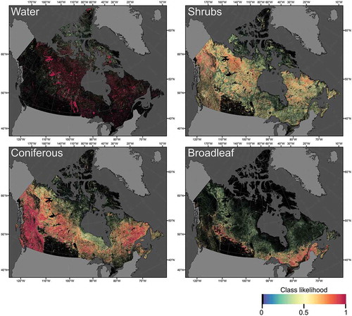 Figure 2. Example of class membership likelihoods for select classes found in Canada. High confidence is shown in warmer (red) shades. The spatial distribution of dominant classes (e.g. water, shrubs, coniferous, broadleaf) are shown. Confusion between spectrally similar classes can also be evident in lower likelihoods.