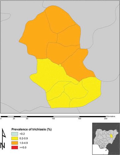 Figure 2. Prevalence of trichiasis in adults ≥15 years, by Local Government Area, Global Trachoma Mapping Project, Gombe State, 2013.