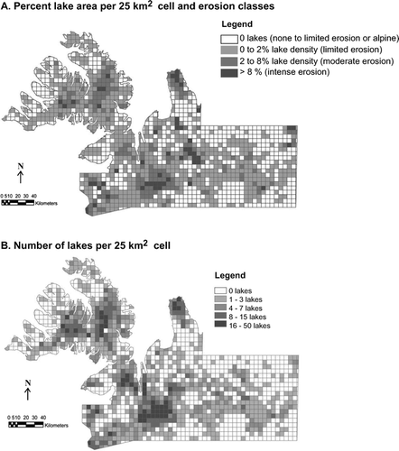 Figure 3 Results from the GIS analyses. (A) Lake density expressed as percent lake area per 25 km2 grid cell with erosion classes labeled. Zero lakes refers to zones of no erosion or alpine areas that experience erosion not quantified by the GIS model (see Fig. 4). (B) Lake density expressed as number of lakes per 25 km2 grid cell.