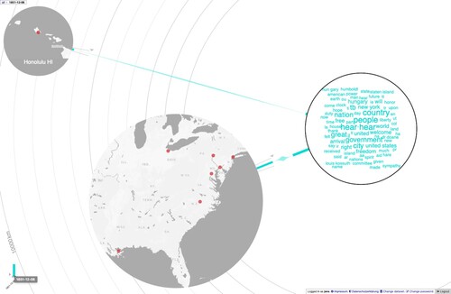 FIGURE 3. This view of LilyPads shows the locations of articles about Kossuth (43) published in the United States on December 6, 1851. Close readings reveal that they range from former speeches he delivered in England, news about extensive preparations of his arrival, his appearances to the excitement of the members of the public.