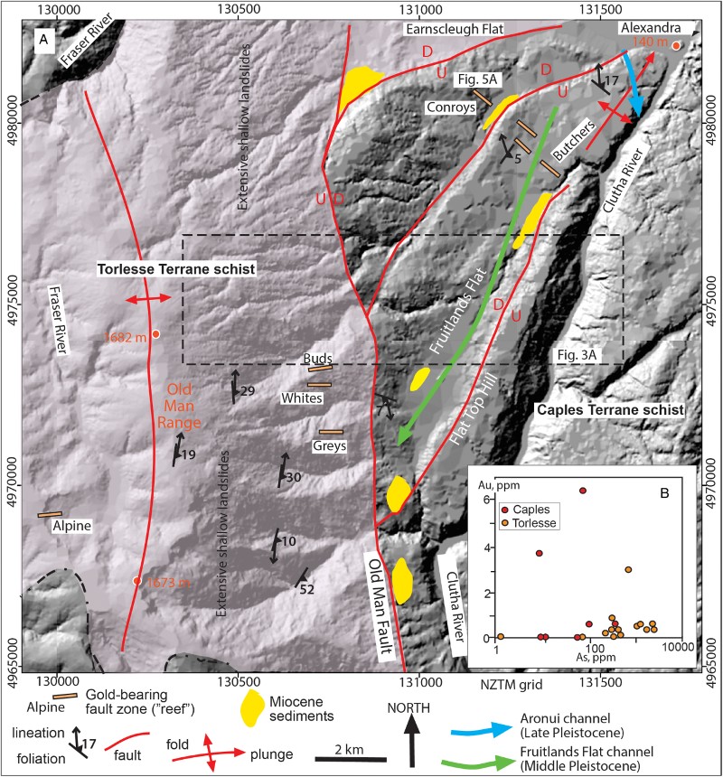Figure 2 A, Hillshade topographic map of the Old Man Range showing the principal structures, mineralised faults and Clutha River channels described in this paper. Torlesse Terrane schists are indicated with a transparent pale overlay. B, Gold and As contents of samples from mineralised faults in the two basement terranes.