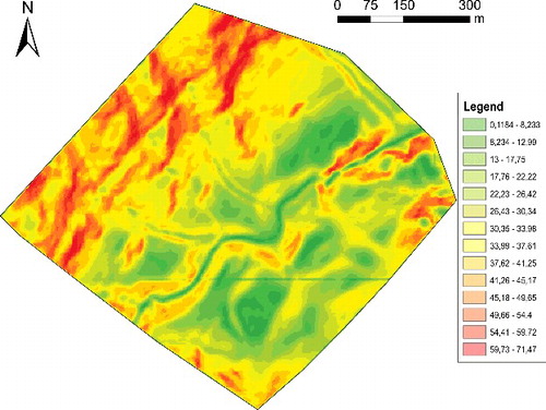 Figure 8. Slope map of the area: different inclinations are shown in gray as reported in the legend.
