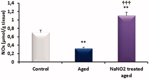Figure 7. The effects of aging on nitrate and nitrite (NOx) levels in rat penile tissues. **p < 0.01 versus control; ††† p < 0.001 versus aged rats.