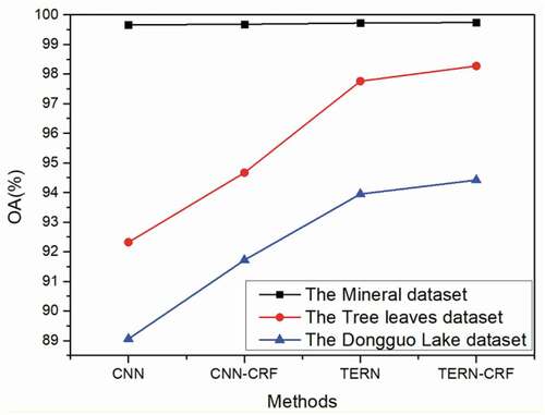 Figure 10. Comparison of the classification accuracies of the CNN, CNN-CRF, TERN, and TERN-CRF methods for the three datasets.