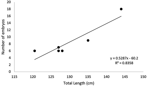 Figure 6. Positive linear relation between total length (cm) and the number of embryos in the uterus of the females with pups of Pseudobatos productus.