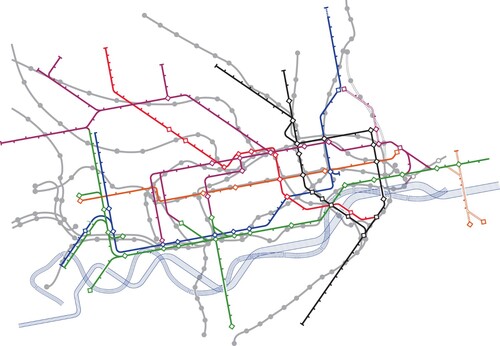 Figure 1. Digital reconstructions of Beck's first design and also the previous official version (by F.H. Stingemore) which attempted a more topographically accurate depiction. The Beck diagram has been sized so that the two central areas are similar and it has been rotated and overlaid on top of the earlier map. Beck's distortion of central London is relatively small compared with the suburbs (already compressed, albeit to a lesser extent, by Stingemore). Other than distances, people familiar with central, north and south London would likely not experience too much conflict with their own mental models. The greatest topographical distortions on Beck's diagram are to be found in west London.